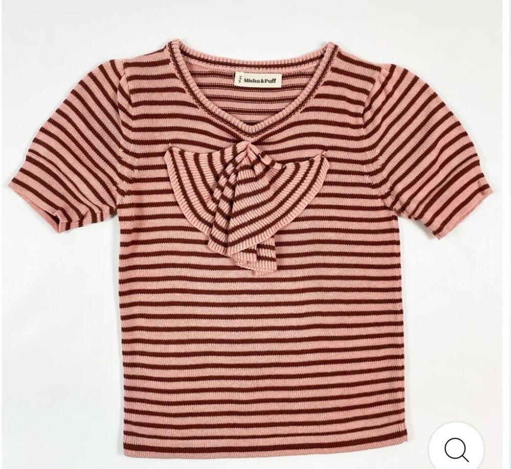 Misha & Puff 8/9 Y Kids Frankie Bow Cotton Knit Striped Rose Pink Vintage Brown
